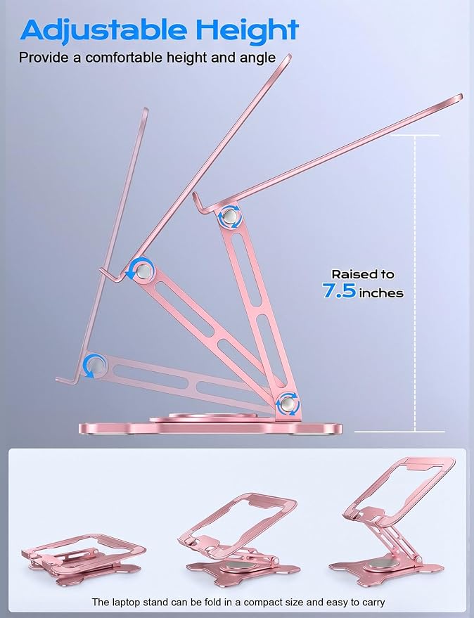 JCZT Adjustable Laptop Stand, 360° Rotating Base Ergonomic Computer Stand, Foldable Laptop Stand for Desk for Office Home Fits Compatible with MacBook Pro Air (10-16") - Pink