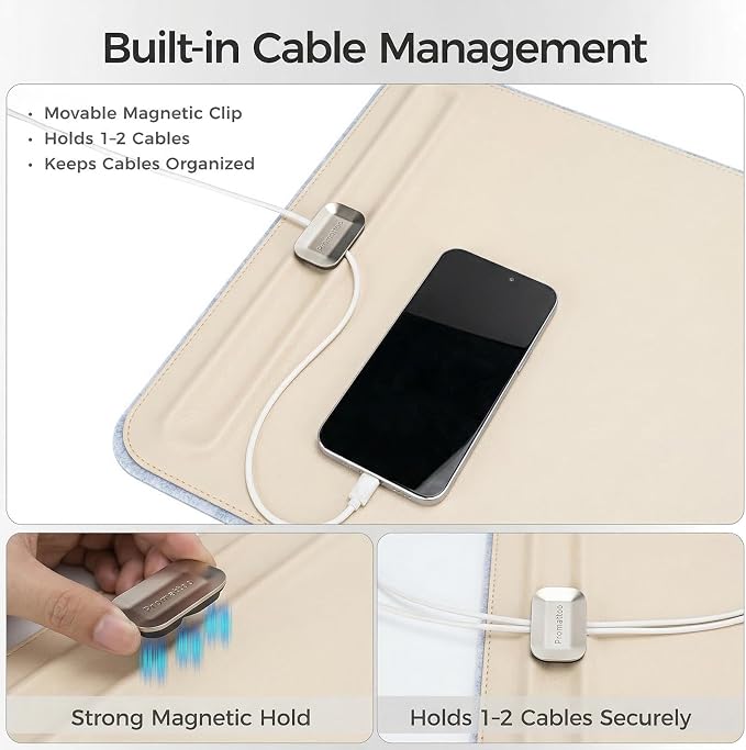 Desk Mat – Double-Sided Vegan Leather & Felt | Built-In Magnetic Cable Organizer & File Storage | Premium Workspace Pad for Office, Gaming & Creative Professionals-（Beige）