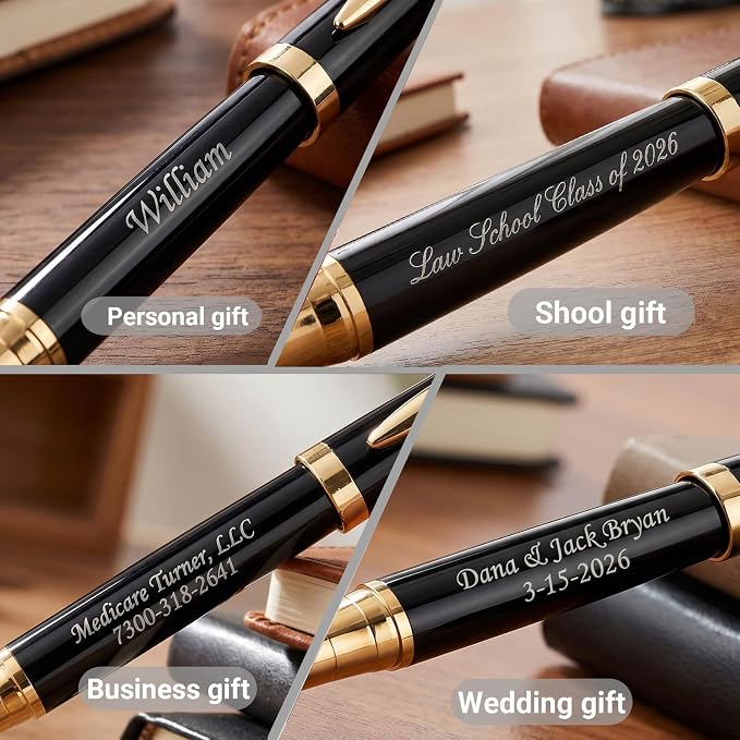 Ancolo Personalized Black Executive Business Pens - Medium Point with 10 Black Ink Refills Custom with Your Name or Message, Gift for Students/Teacher/Manager/Lawyer/Professor 5PCS/Pack