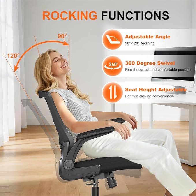 Ergonomic Office Chair – Comfy Mesh Desk Chair with Flip-Up Armrests & Smooth-Rolling Caster, Adjustable Height Home Computer Chair, Breathable & Supportive for Long Hours Sitting