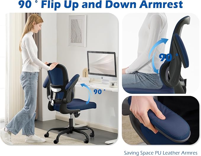 TRALT Ergonomic Office Chair - Desk Chair with Adjustable Lumbar Support Computer Chair - Mesh Comfy Chair with Flip-up Armrests - Gaming Chairs for Adults Home Office (PU Leather, Navy Blue)