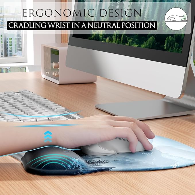 MROCO Ergonomic Mouse Pad with Gel Wrist Rest, Smooth Wrist Support Surface, Non-Slip PU Base for Pain Relief, Comfortable Mousepad for Computer, Laptop, Office & Home, 9.4 x 8.1 in, Cloud Forest