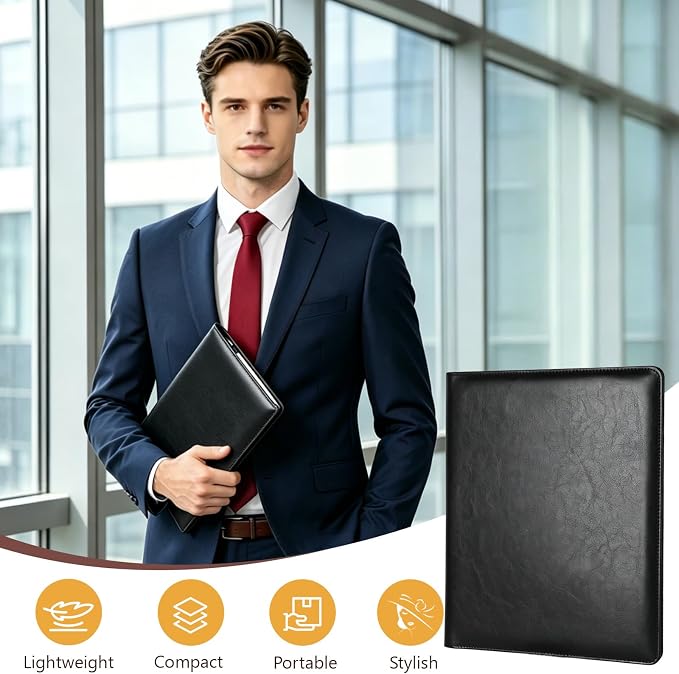 Professional Padfolio Portfolio Binder, Faux Leather Interview Resume Folder, Letter Sized Writing Pad w/Business Card Holder, A4 Professional Folio for Office Conference (Black)