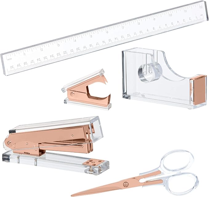 Rose Gold Acrylic Lucite Bundle | Premium Stapler, Tape Dispenser, Scissors, Staple Remover, & Ruler Gift Set | Clear Stationery & Desk Accessories | Modern, High End, Chic, Luxury Office Goods