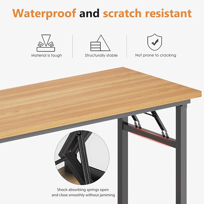 SDHYL 62 inches No Assembly Foldable Computer Desk for Home Office Workstation, Modern Study and Writing Folding Table with Metal Frame, Teak and Black