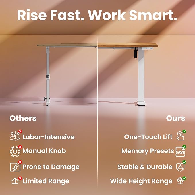 HUANUO Electric Standing Desk, 55" x 28" Height Adjustable Desk, 4 Memory Height Settings, Sit to Stand Up Desk for Home Office, with Headphone Hook, Cable Manager, Light Vintage Brown