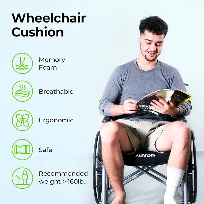 AUVON Wheelchair Seat Cushion, Thigh Slope Design for Long Sitting Comfort | Ergonomic Memory Foam Chair Cushion, U-Cutout for Sciatica & Back Relief, Waterproof Cover, Anti-Sore & Ulcer, Buckle Strap