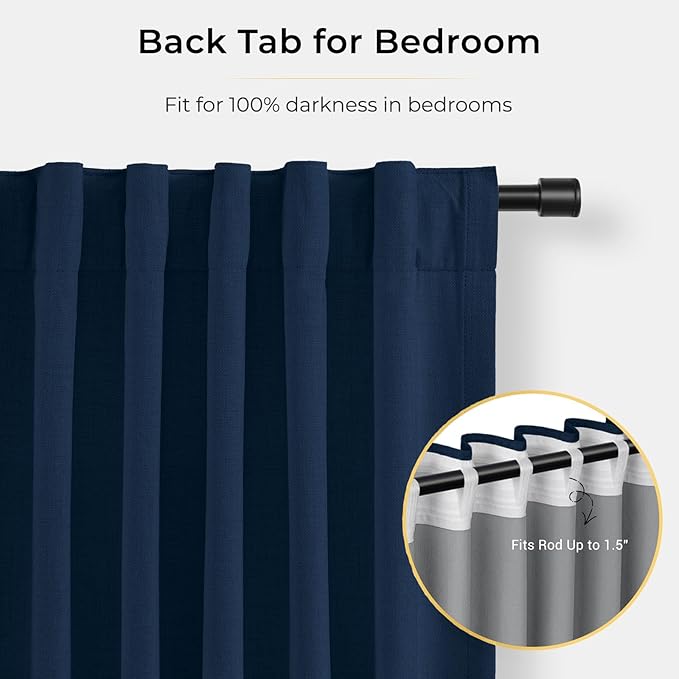 INOVADAY 100% Blackout Curtains for Bedroom, Black Out Curtains 72 Inch Long, Clip Rings Linen Blackout Drapes, Thermal Insulated Room Darkening for Living Room, 2 Panel - Midnight Blue,W50xL72