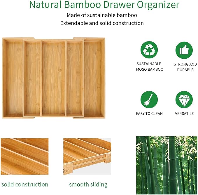 Utoplike Bamboo Expandable Kitchen Drawer Organizer Silverware Utensil Tray | Cutlery Holder, Drawers Divider for Large Utensils, Flatware, Knives, Spatulas in Kitchen, Office, Adjustable 3-5 Slots