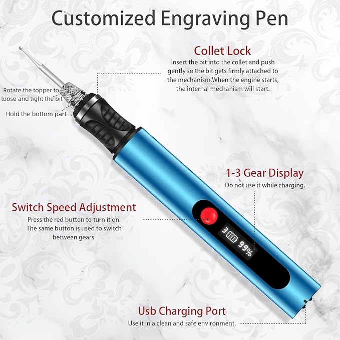 Engraving Pen, Ultimate Cordless Engraving Pen for Artists & DIYers - Engrave 60+ Surfaces - Beginner Friendly- 30 Bits & Mastery Guide (Blue)