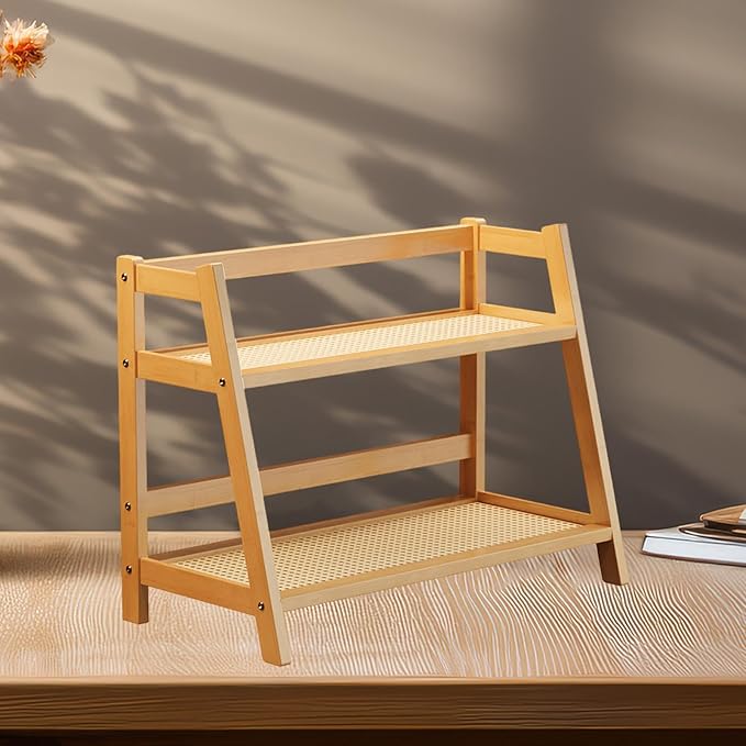 Double Layer Rack 2 Tier Bar Accessories Multipurpose Coffee Mug Display Stand Seasoning Storage Rack for Desk Office Bedroom, Bamboo Color L
