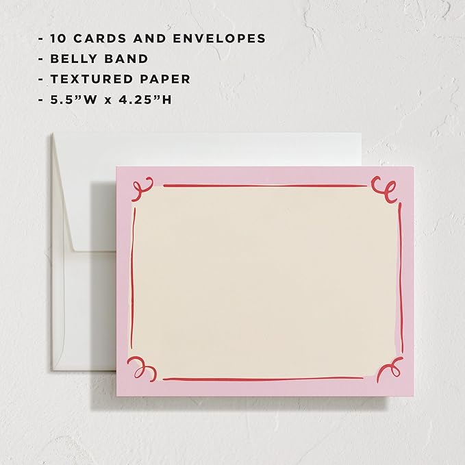 Minted Curly Corners Stationery Set, Set of 10, Flat Note Cards & Envelopes for Invitiations and Handwritten Thank You Messages, Pink Hand-Drawn Frame Design, Gifts for Women, Luxurious Paper