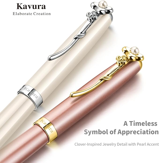 Four-Leaf Clover & Pearl Rollerball Pen – Elegant Brass Pen Gift Set for Women, Jewelry-Inspired Design, Glossy Finish, German Refill, Good Luck Gift for Her, New Job & Graduation (Rose Gold)