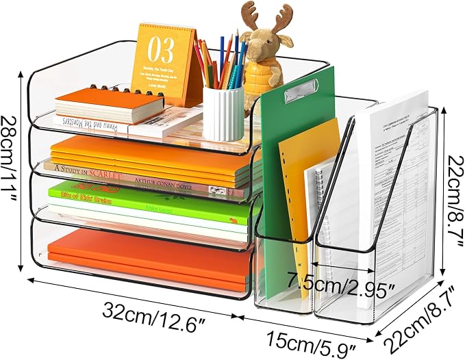 FANXIYQ 4-Tier Acrylic Paper Tray Organizer with Bookends, Paper Organizer | Tool-Free Stackable 1-4 Tier Design with 2 Bookends for Files, Folders and A4 Paper; For School, Home Office and Study Room