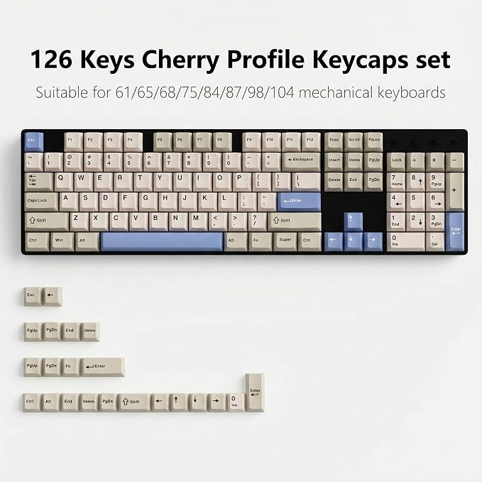 126 Keys PBT Double Shot Keycaps, White Blue Minimalist Keycap Set, Refreshing Clean Style Cherry Profile Keycaps for Mechanical Keyboard 60% 65% 75% 100% Cherry MX Switches