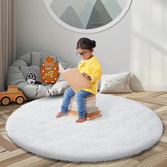 Super Soft Circle Rugs for Girls Princess Castle Toddlers Play Tent 3 Diameter Circular Area Rugs for Bedroom Home Decor Round Shag Playhouse Carpets(Φ3, White)