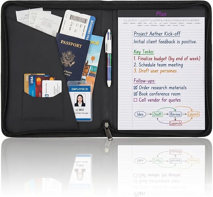 OOWOLF Padfolio Portfolio Folder, PU Leather Professional with 8.5 x 11 Letter Size Writing Pad Interview Resume Document Organizer Business Card Holder Zippered Closure