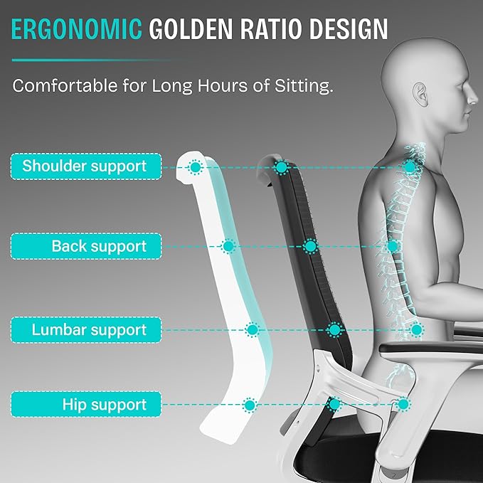 SUNNOW Office Chair, Ergonomic Computer Desk Chair, Sturdy Executive Task Chair - Adjustable Lumbar Support, Flip-up Arms, Tilt Function, Comfy Wide Seat, Swivel Mesh Home Office Desk Chairs (Black)