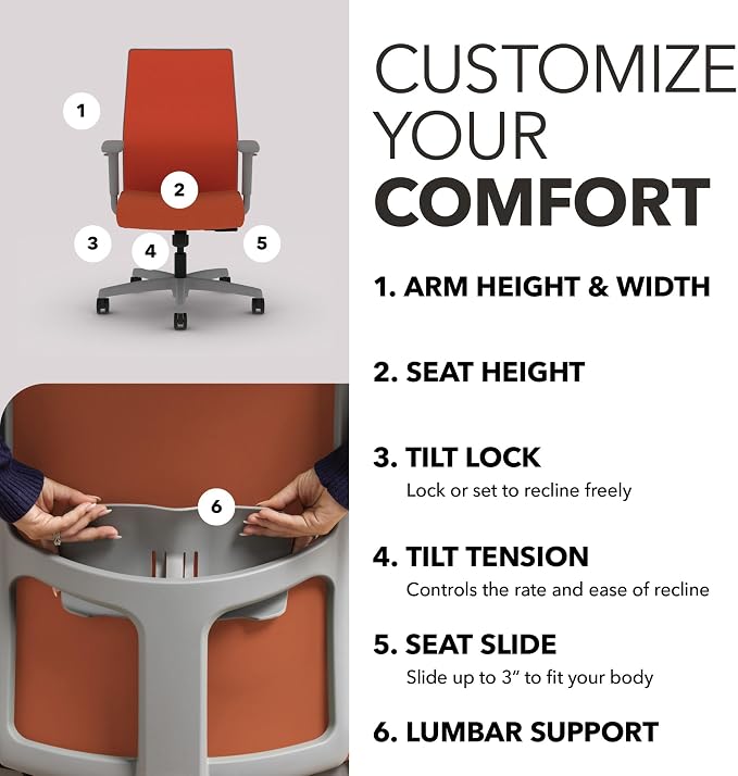 HON Ignition 2.0 Mid‑Back Ergonomic Office Chair, Mesh Task Desk Chair with Lumbar Support, Standard Synchro‑Tilt, Height and Width Adjustable Arms, Titanium Frame, Salamander