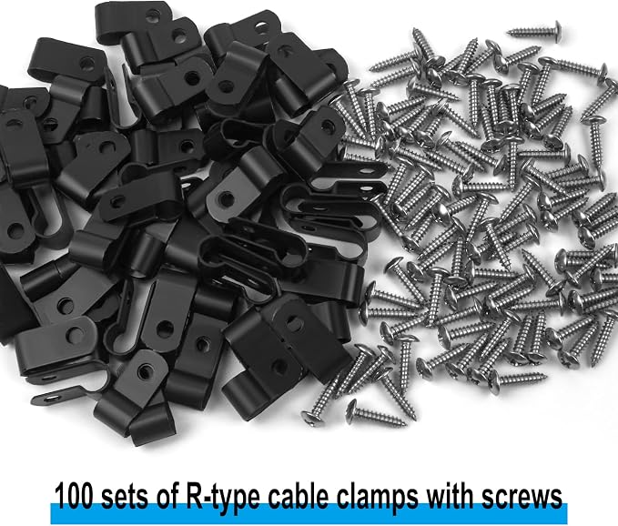 VIPMOON 100 Pcs 1/4 Inch R-Type Cable Clips Clamp Kit, Nylon Mounting Cord Fastener Clips with 100 Pack Screws for Indoor Outdoor Electrical Wire Management Organizer, Black