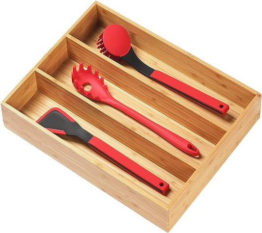 Bamboo Kitchen Utensils Organizer, 13 Inch Drawer Dividers for Silverware, Extra Deep Holder, with Non-Slip Feet, Wood Caddy for Flatware Cutlery
