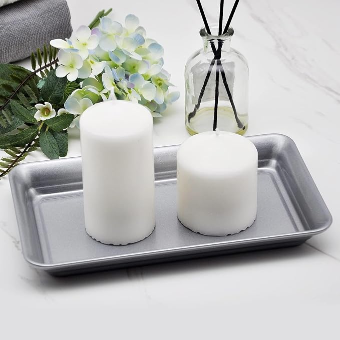 SheeChung Metal Vanity Tray, Bathroom Counter Storage Tray, Grey 2 Pack | Sturdy Decorative Tray Holder, Farmhouse Vintage Decor Accessories for Perfume, Cosmetics, Jewelry, Makeup, Guest Hand Towel