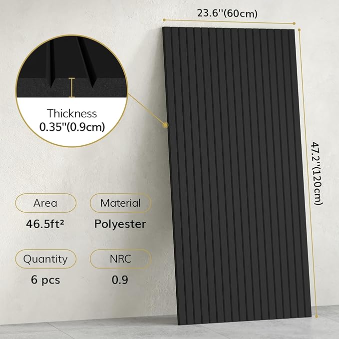 TONOR 6 Pack Large Acoustic Panels,47.2" X 23.6" X 0.35" Acoustical Wall Panel, Self-Adhesive Sound Proof Panels, Decorative Soundproof Wall Panels for Echo Absorption for Home Studio Office, Black