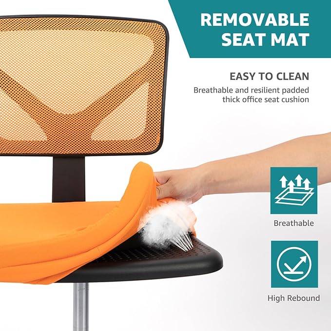 OLIXIS Ergonomic Armless Office Desk Chair with Wheels, Mesh Back, Removable Washable Foam Cushion, Height Adjustable Rolling Swivel Chairs for Small Space, Home, Office, Dark Orange