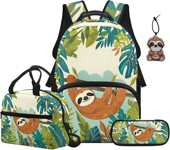ZFRXIGN Tropical Sloth Teen Girls Backpack for School with Pendant 4pc Backpack Set for Teen Boys Bookbag and Insulated Lunch Box Pencil Case Back to School Stuff