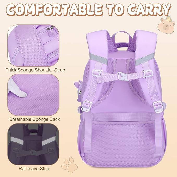 Capybara Backpack for School Girls, 30PCS Capybara Gifts School Supplies Stationery Set with Lunch Box Pencil Case Pens Pencils Notebook Cartoon for Kindergarten Elementary Student(Purple)