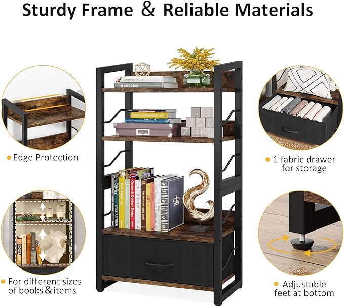 Hosfais Small Bookshelf with Drawer: 4-Tier Wood Book Shelf Industrial Narrow Bookcase Storage Organizer Metal Stackable Shelves for Desktop Bedroom Living Room Home Office (Rustic Brown)