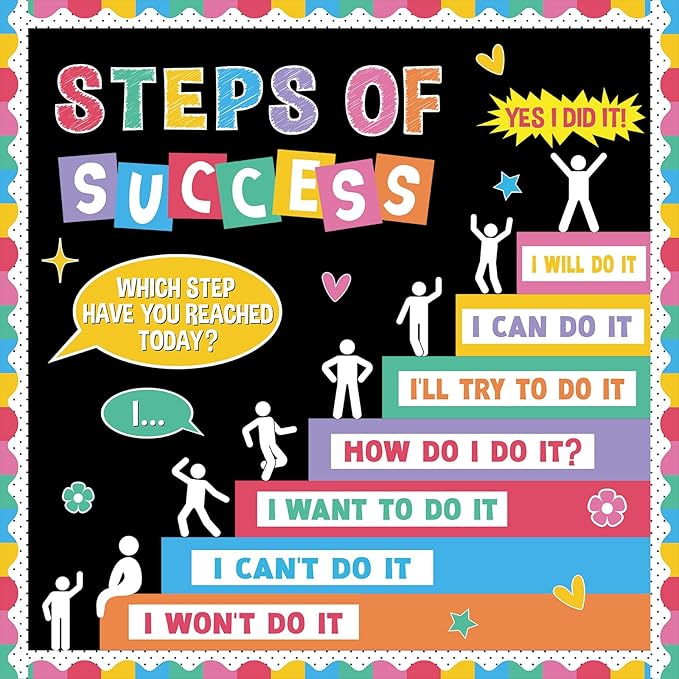Motivational Bulletin Board Decorations Set Back to School Positive Classroom Decor Steps of Success Paper Cutouts Educational Sayings Accents for School Door Wall Chalkboard Decor Supplies (Pastel)