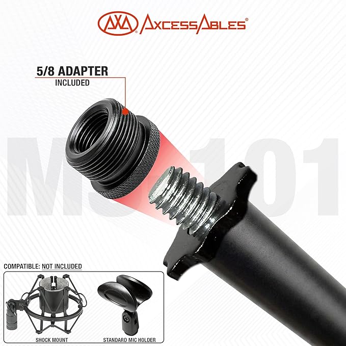 AxcessAbles MS-101 Microphone Stand with Boom Arm, Height Adjustable 37"-64" With 30" Boom arm, Folding Tripod Base, Portable Floor Mic Stand for Singing, Podcasting, Recording, Studio & Stage