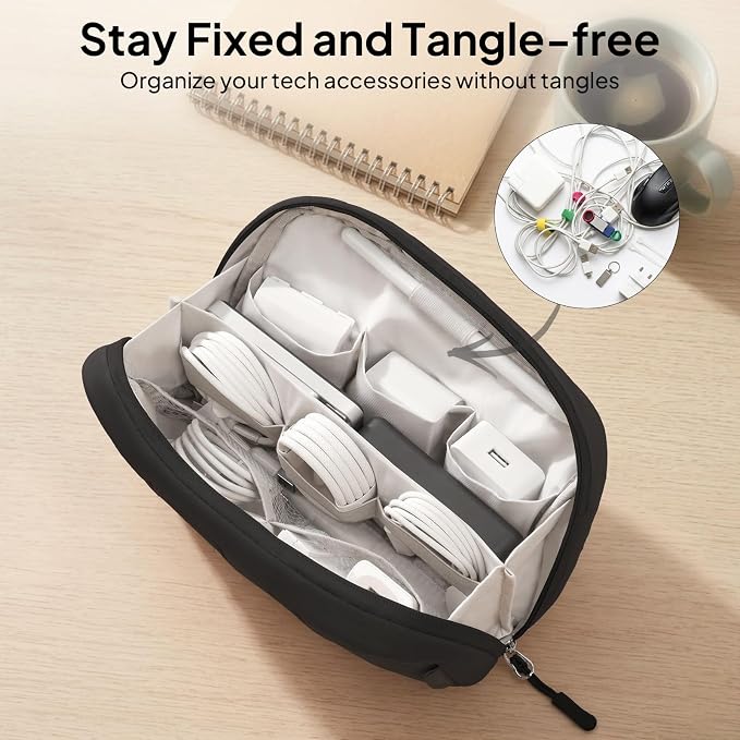 TOPEAST Quilted Cable Organizer Bag, Soft Tech Pouch & Travel Electronics Case with Elastic Pen Loop, Tangle-Free Cord Organizer for Women, Office Desk, AirPods, Chargers & Accessories, Black
