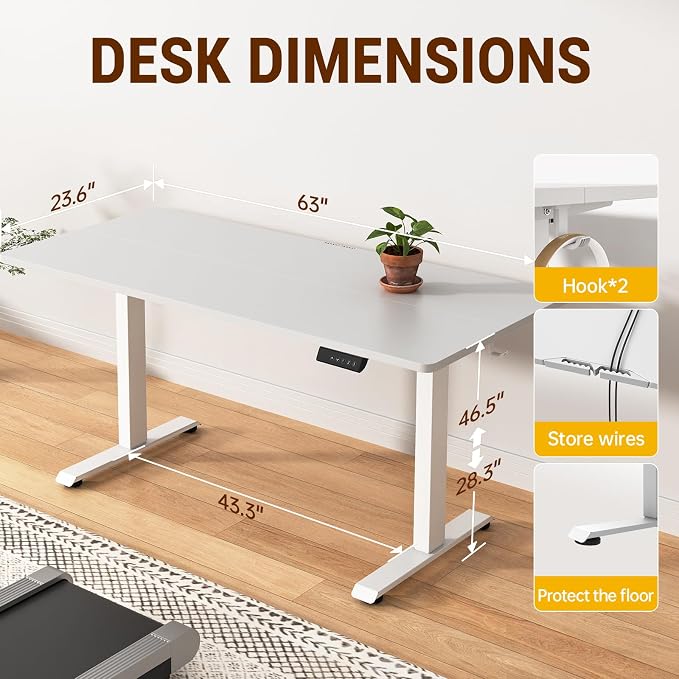 Veken 63x23.6 Inch Large Electric Standing Desk, Heights Adjustable,Sit to Stand Up, Work Home Office Computer Table for Walking Pad, Wooden Desktop Desks, White