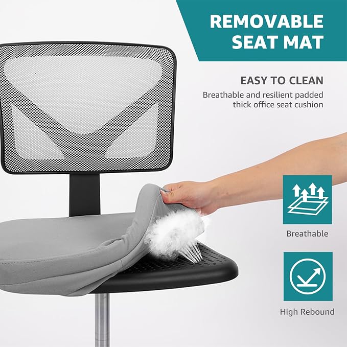 OLIXIS Armless Office Chair, Ergonomic Desk Chair with Wheels, Mesh Back, Removable Washable Foam Cushion, Height Adjustable Rolling Swivel Chairs for Small Space, Home, Office, Grey