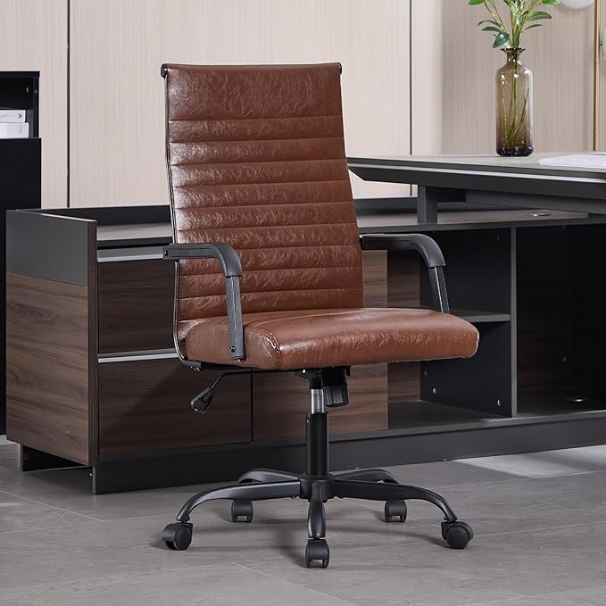 Office Chair, Ergonomic Executive Conference Room Chairs, Ribbed Leather Desk Chair with Lumbar Support, Adjustable Height Mid-Back Swivel Chair with Padded Seat