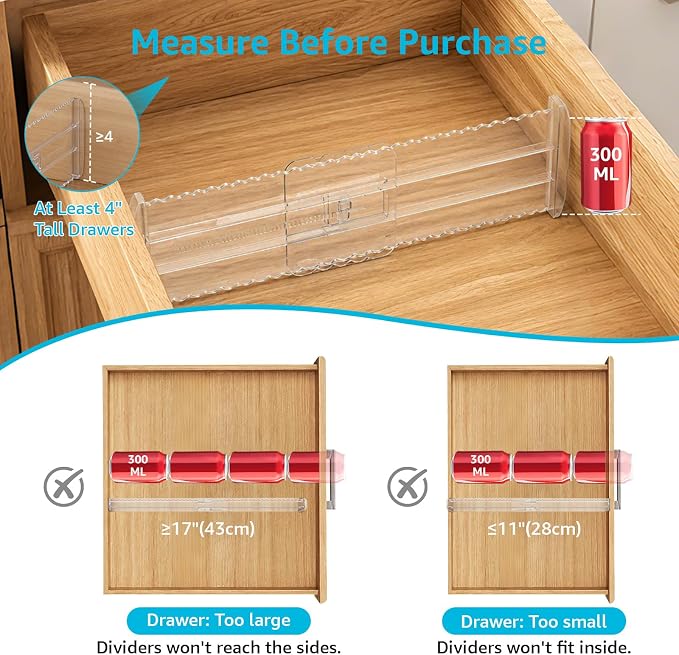 12 Pack 4" High Drawer Dividers for Clothes, 10.2"-16.5" Expandable Dresser Drawer Organizers, Adjustable Plastic Clear Drawer Separators for Kitchen, Baby Clothing, Socks, Underwear, Bedroom