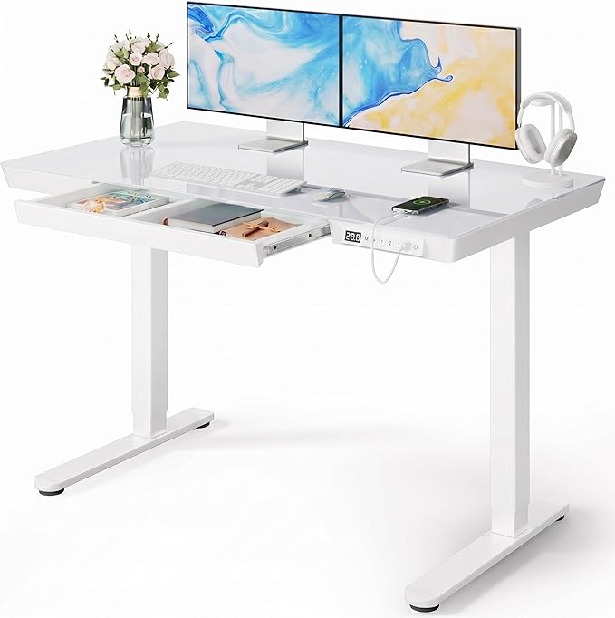 Marsail Glass Standing Desk with Drawer, 47.24 inch Electric Standing Desk, Height Adjustable Desk with One-Piece Tabletop & USB Charging Ports, Sit Stand Desk with Storage for Home & Office White