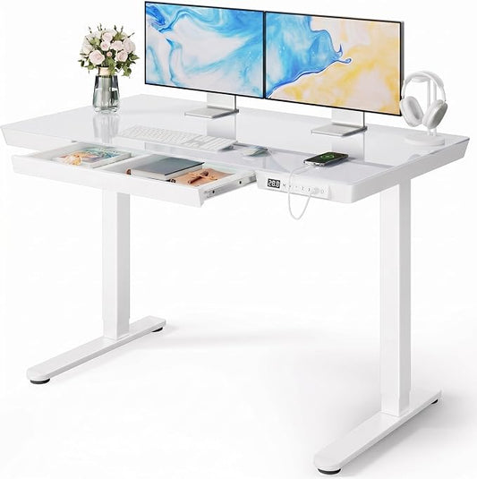 Marsail Glass Standing Desk with Drawers, 47.24 inch Electric Standing Desk, Height Adjustable Desk with One-Piece Tabletop & USB Charging Ports, Sit Stand Desk with Storage for Home & Office White