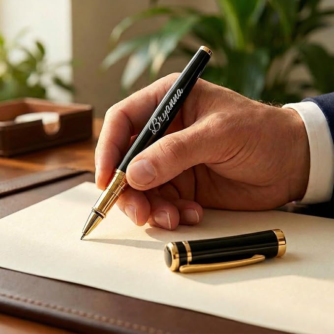 Yastar Customised Pens with a Custom badge - Souvenir Gift Set with Gift box 2 extra Black Refills Engrave any Message on the Pen Gift for Christmas Father's day Graduation Wedding Gifts