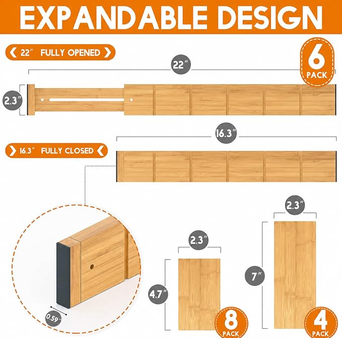 Expandable and Adjustable Bamboo Drawer Dividers with 12 Inserts, Kitchen Drawer Organizer