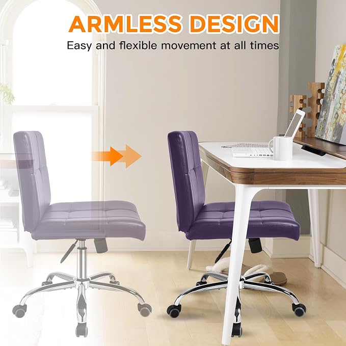 360° Office Desk Chair,PU Adjustable Rolling Task Chair with Backrest for Barber,Office,Home, Computer,360° Swivel,Armless (Widened Purple)