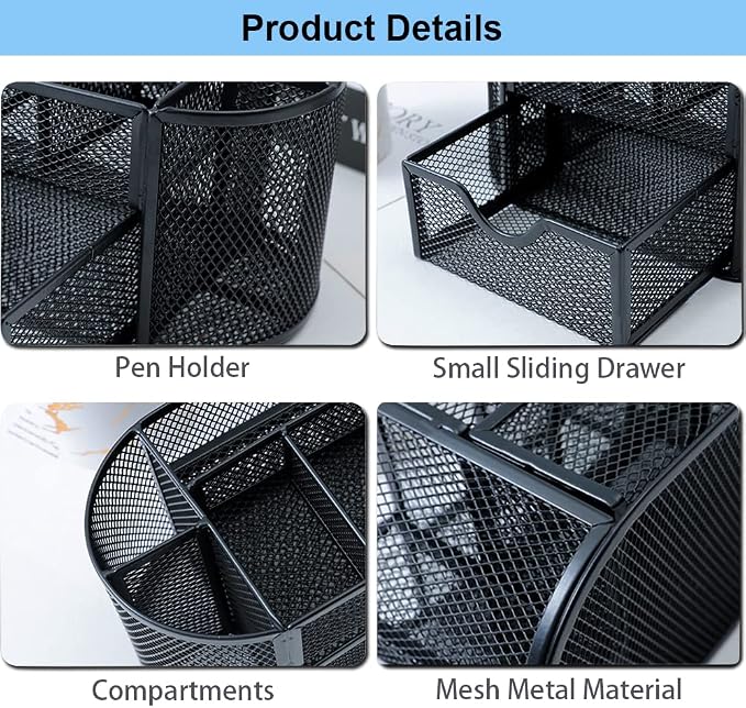 Desk Organizer Stationery Storage, Pencil Holder for Desk, Wire Mesh Office Supplies Desk Accessories Workspace Organizers with 9 Compartments and Mini Drawer (Black)