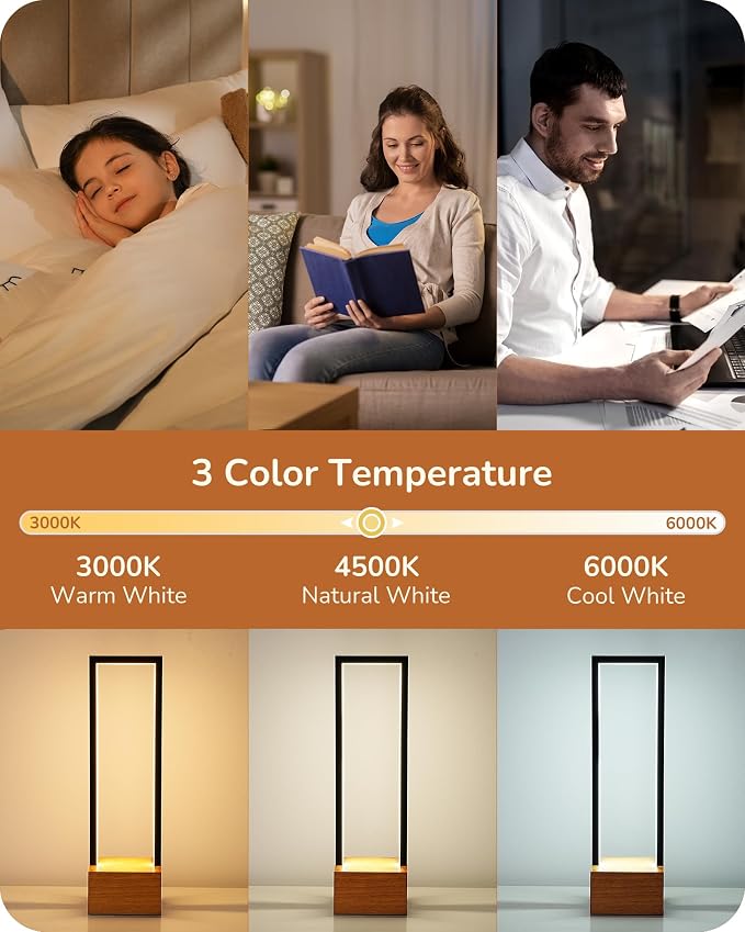 EDISHINE LED Table Lamp, Wooden Bedside Lamp with 3 Color Temperatures, Dimmable Square Nightstand Lamp for Bedroom Living Room, Complete Dark Rose Wood Color Base