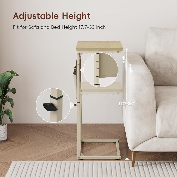 Vagusicc C Shaped End Table, 32'' Tall Side Table for Couch, Adjustable Height Small Couch Side Table for Small Spaces, End Table Slide Under Sofa Table TV Tray Table Arm Table for Living Room