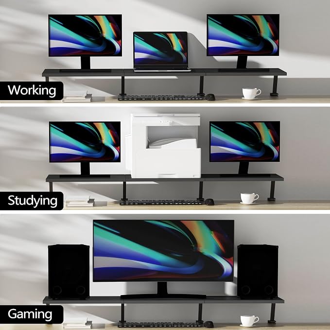 Extra-Large 45-Inch Wood Clamp On Desk Monitor Shelf with Spacious Storage Space - Fits 60-inch or Dual 32-inch Screens, C-Clamp Design with Rubber Pad, Max Load 44lbs