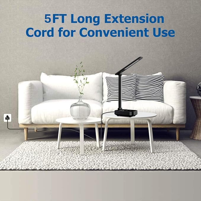 Yostyle LED Desk Lamp with 4 USB Charging Ports and 2 AC Outlets,5ft Extension Cord Power Strip Station, 3 Level Brightness, Touch Dimmer Control, Office Table Eye Care Lamp Bedroom Hotel