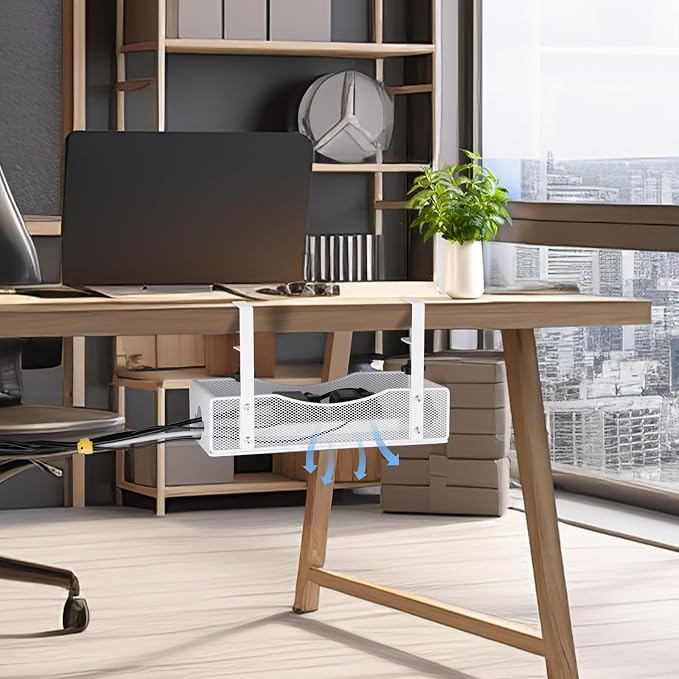Extra Wide Under Desk Cable Management - 7inch No Drill Installation Cable Management Tray, Clamp/Screw Mount Desk Cable Management, Cable Management Tray for Office, Home((White, XL)