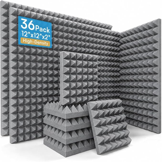 36 Pack Pyramid Acoustic Foam Panels, 12" x 12" x 2", Gray | Flame-Retardant, 30 kg/m³ High Density, 2" Thick, Pyramid Design, Non-Adhesive